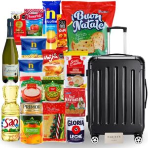 Canasta navideña corporativa estándar con maleta viajera tipo cabinera y productos seleccionados en Lima, Perú