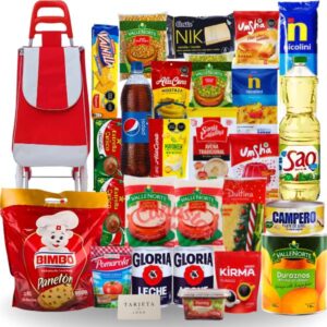canasta navideña familiar estándar con víveres y carrito de mercado