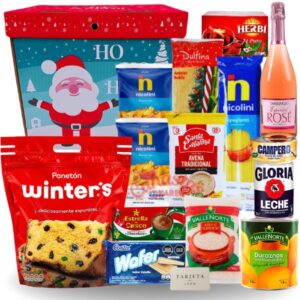Canasta navideña para empresas con panetón Winter, espumante rosé y productos de alimentos