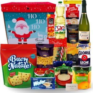 Canasta navideña para empresas con panetón Bon Natale y productos de abarrotes