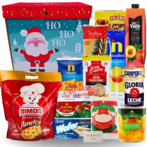 canasta navideña económica para empresas con productos básicos en caja de cartón