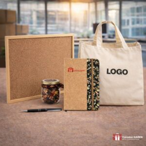 Kit corporativo creativo con pizarra de corcho, libreta ecológica, bolsa tote personalizada, lapicero metálico y frasco snack ideal para regalos corporativos empresariales en Lima Perú