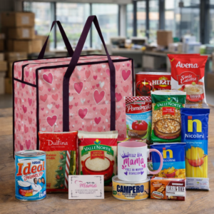 Canasta corporativa para el Día de la Madre en Lima con bolsa de rafia y víveres básicos, ideal como regalo empresarial para colaboradores