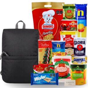 canasta navideña económica con mochila personalizada con logo y productos básicos