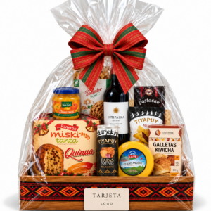 Canasta navideña andina para empresas con productos peruanos, panetón, vino, snacks andinos y presentación en caja de madera con envoltura de celofán y lazo navideño.