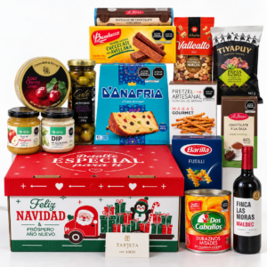 Canasta navideña premium gourmet con productos seleccionados, panetón, chocolates, vino Malbec, pasta Barilla, aceitunas, pretzel artesanal, snacks gourmet y presentación en caja navideña.